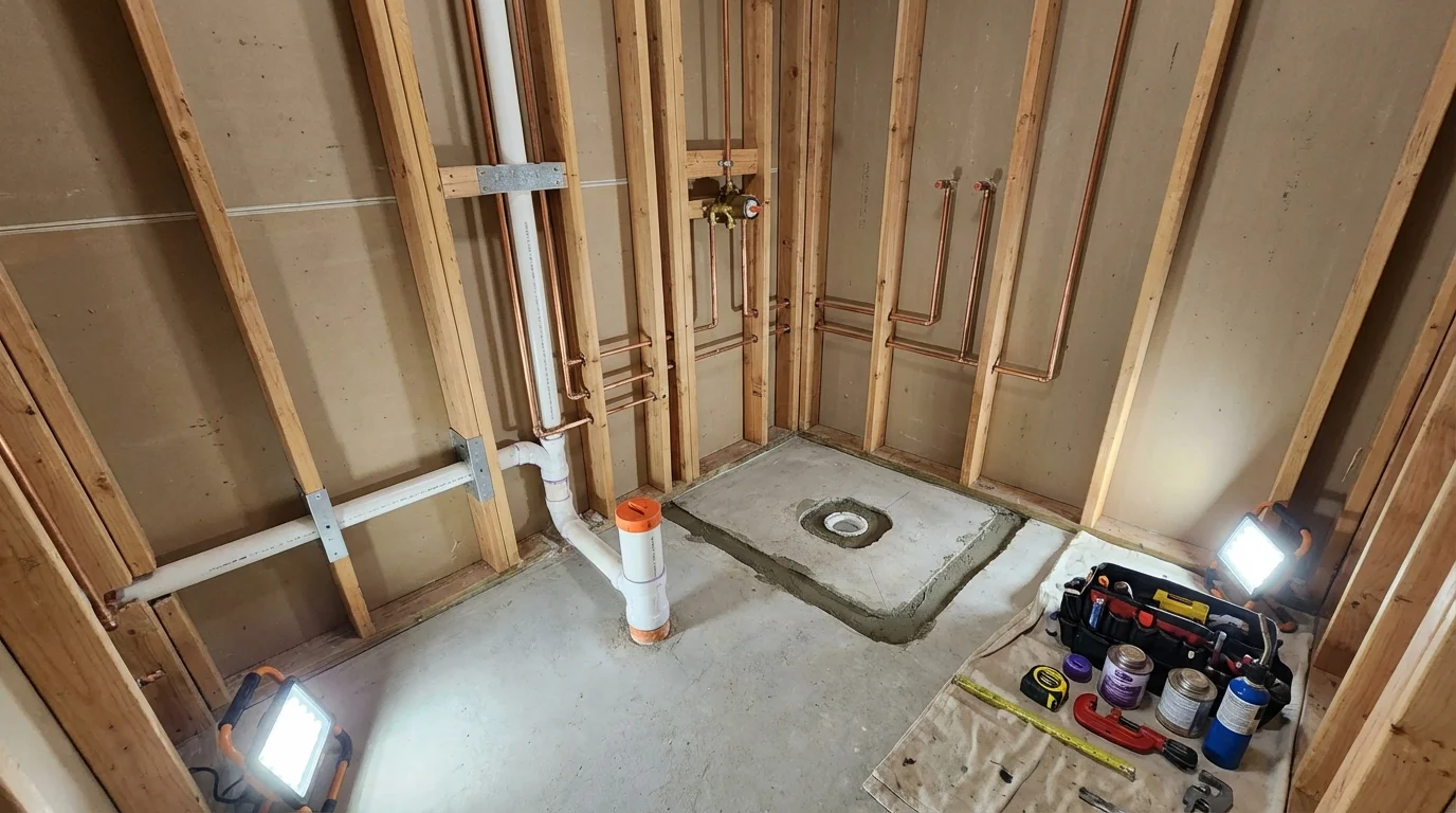 Bathroom rough-in plumbing during remodel by Johns Plumbing LLC in Cotuit