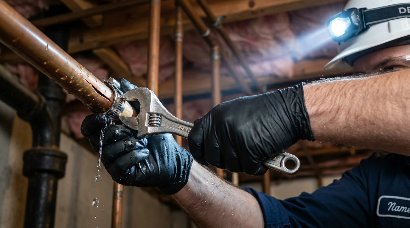 Emergency pipe clamp repair being performed by a Johns Plumbing LLC plumber in Cotuit