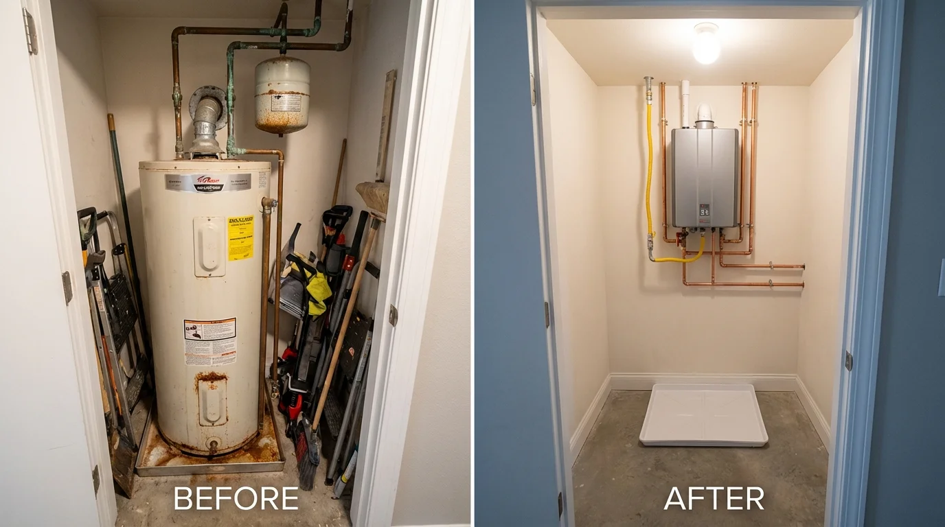 Tank water heater versus wall-mounted tankless unit comparison for Cotuit, MA homeowners
