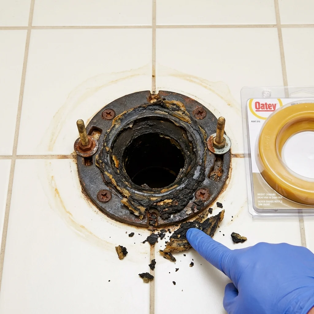 Failed wax ring showing water seepage at the base of a toilet in a Cotuit, MA home