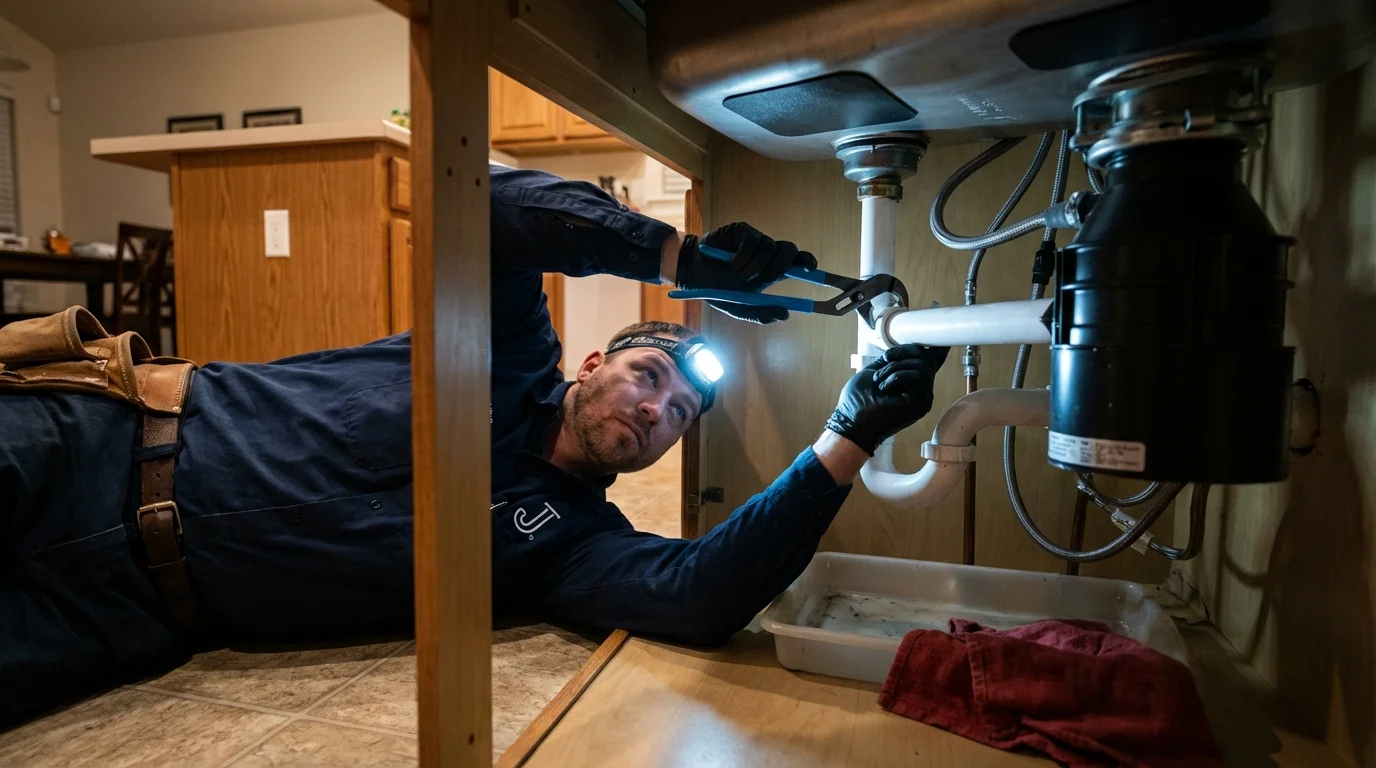 P-trap and supply line connections under a kitchen sink showing a common leak point in Cotuit, MA